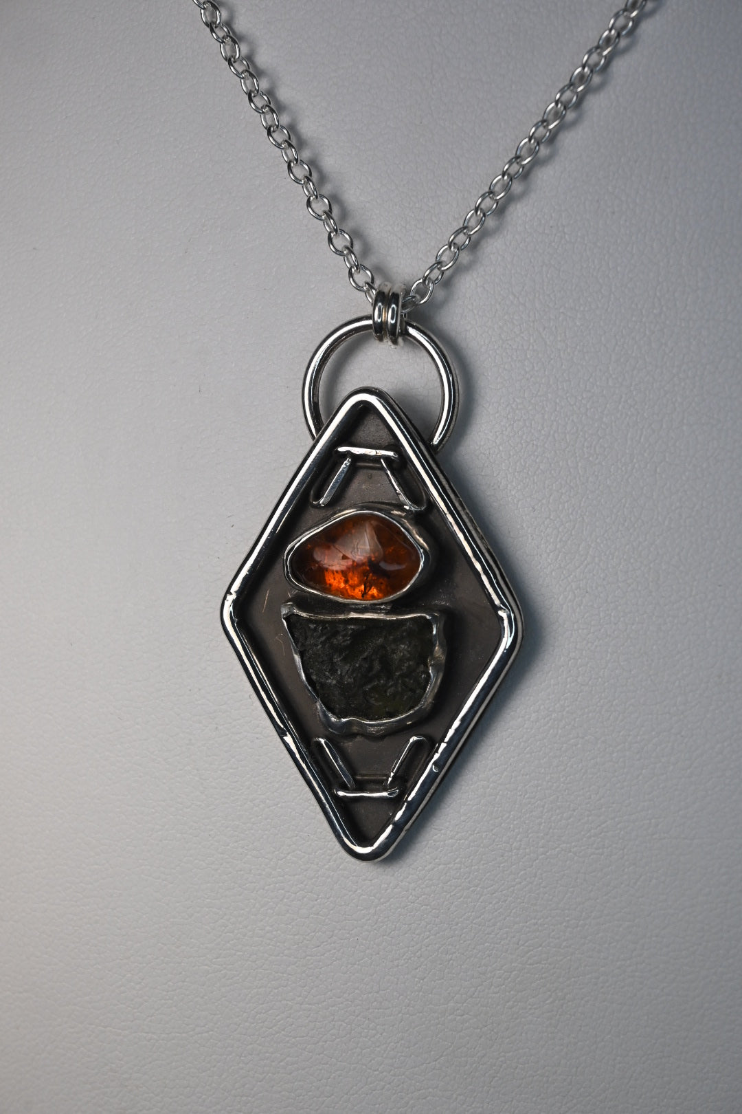 'Large' Moldavite & Amber Necklace